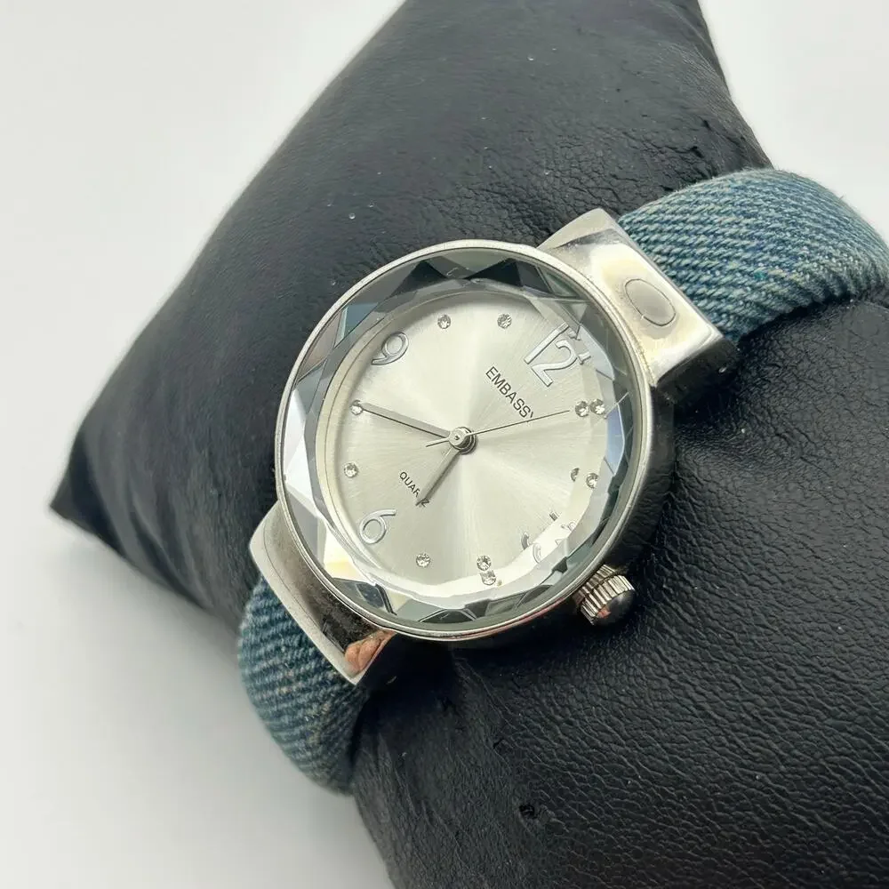 Vintage Embassy Women’s Quartz Watch Faceted Crystal Bezel Blue Denim Strap